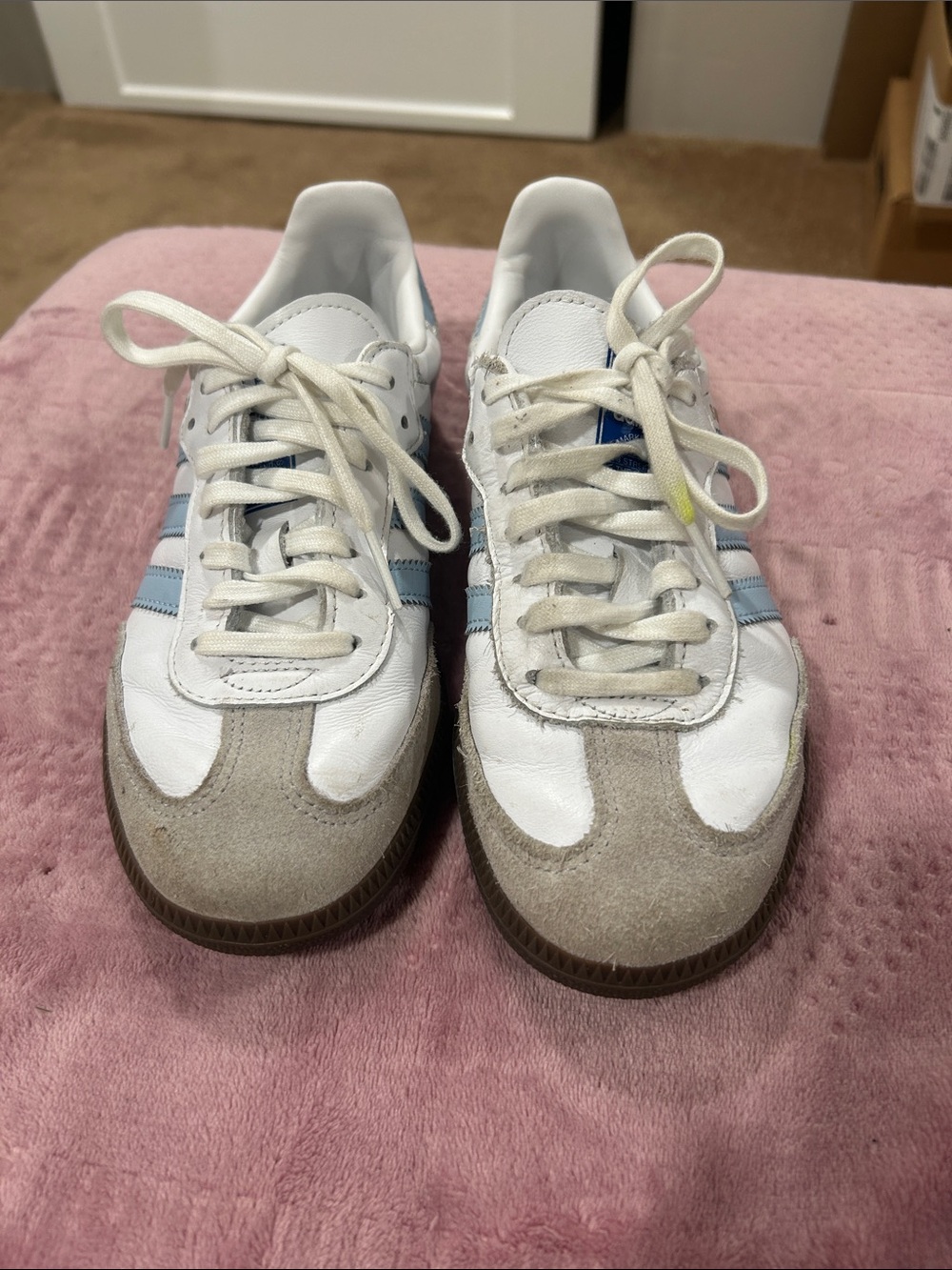 adidas White & Light Blue Kids Sneakers with Gray Suede Accents